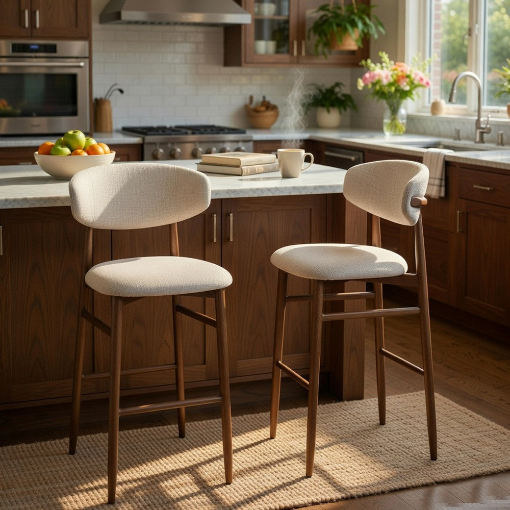 Benjara Riom Bar Height Chair Set of 2, Ivory Toast Seat, Walnut Brown Metal