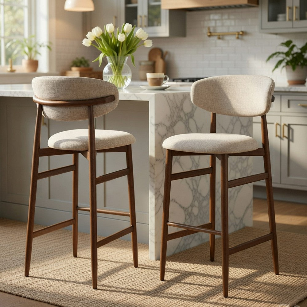 Benjara Riom Bar Height Chair Set of 2, Ivory Toast Seat, Walnut Brown Metal