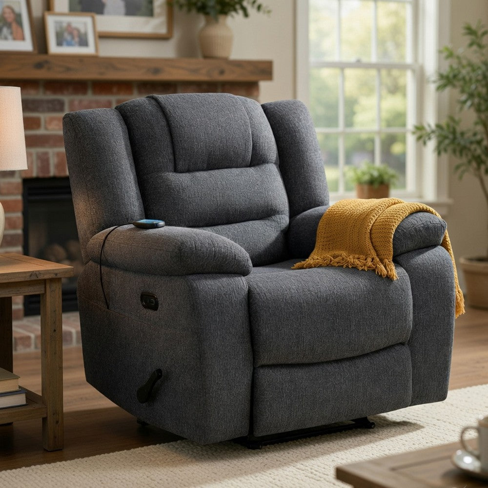 Benjara Reno Power Glider Recliner Chair with Heat And Massage, Dark Gray Polyester
