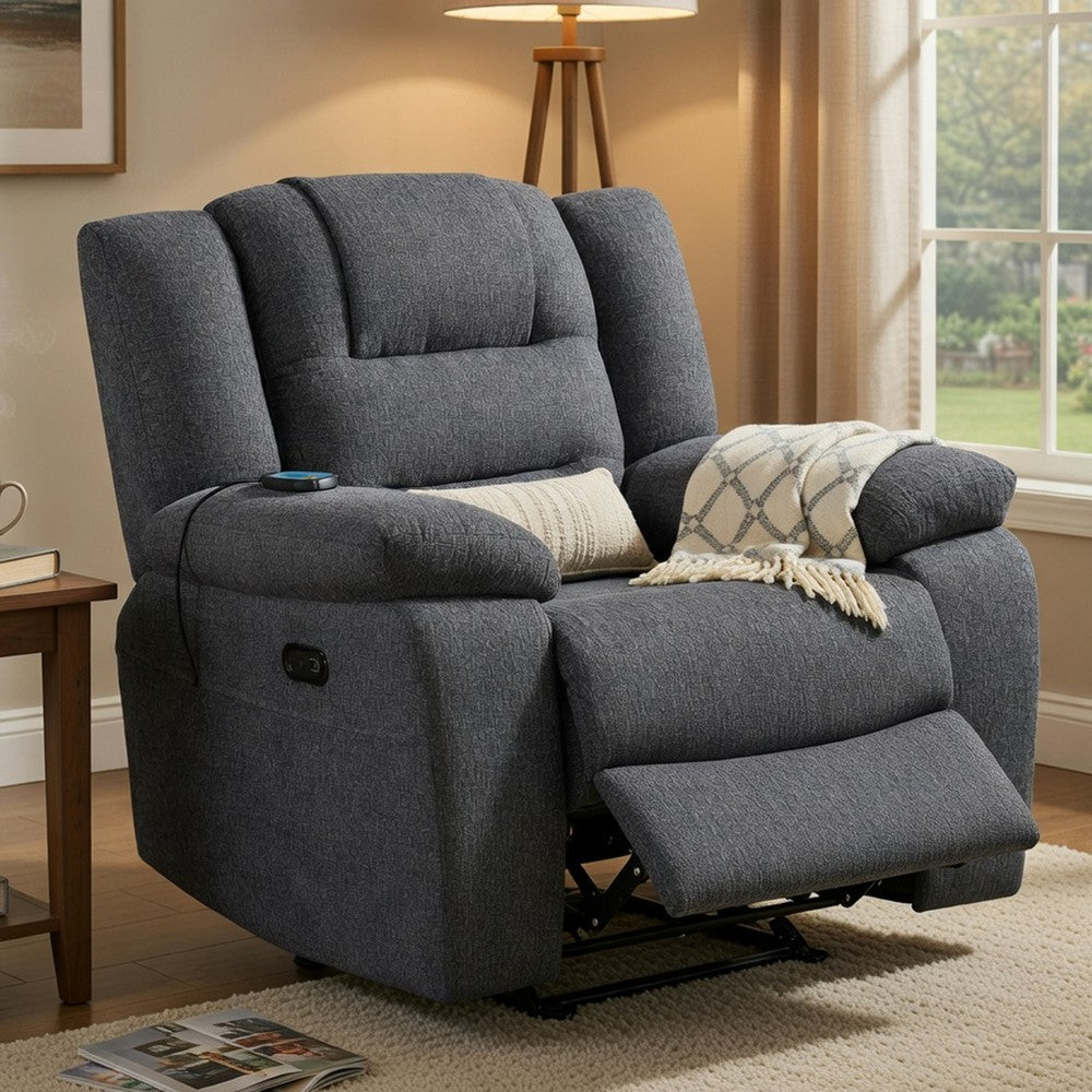 Benjara Reno Power Glider Recliner Chair with Heat And Massage, Dark Gray Polyester