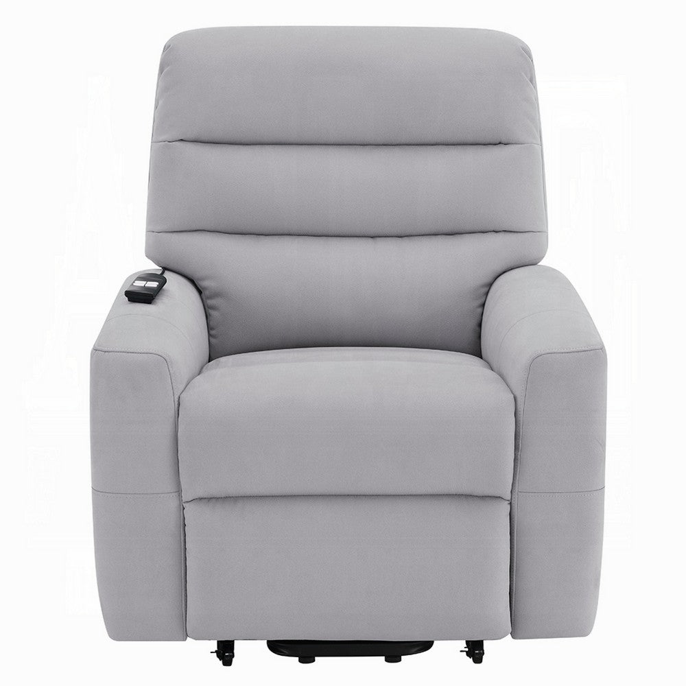 Benjara Ima Power Motion Glider Recliner, Wide Tufted Light Gray Faux Leather