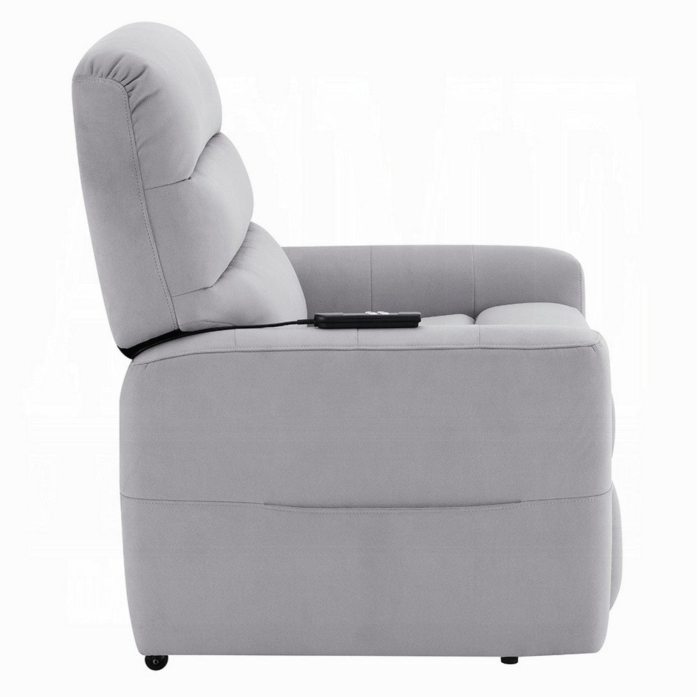Benjara Ima Power Motion Glider Recliner, Wide Tufted Light Gray Faux Leather