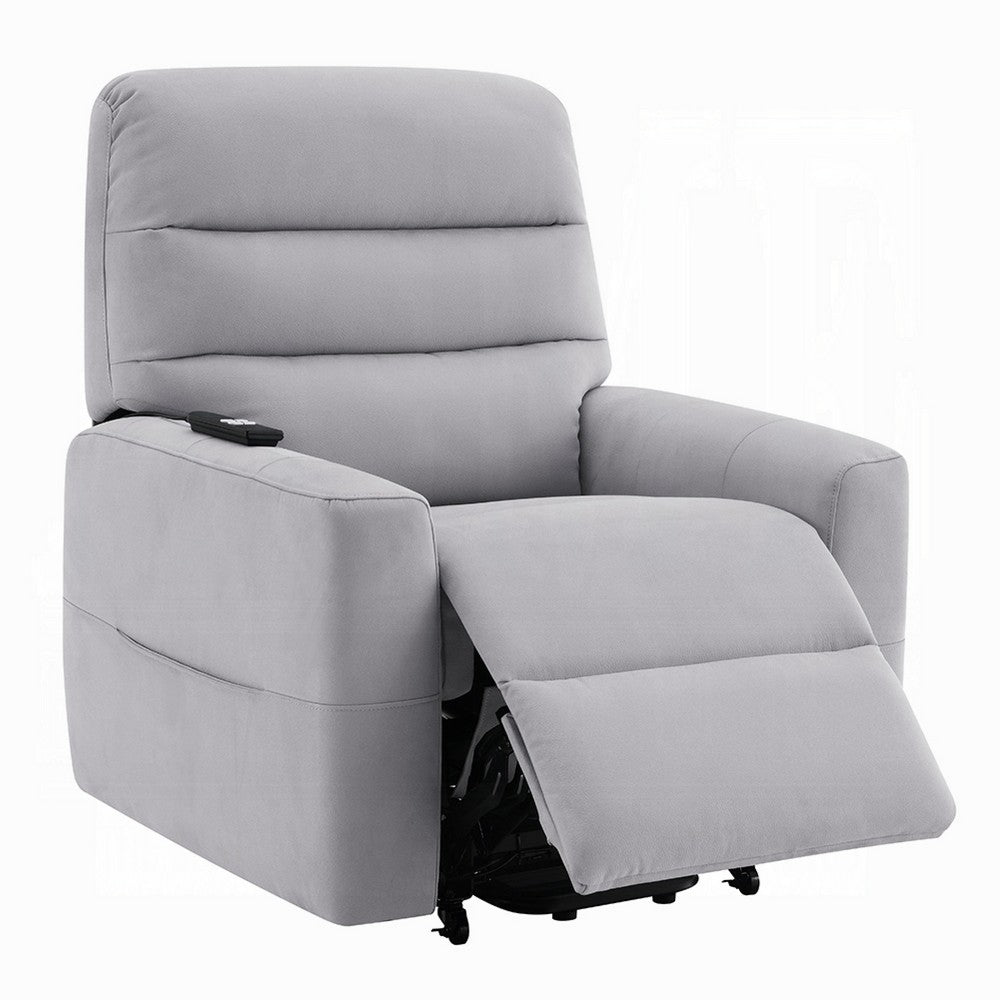 Benjara Ima Power Motion Glider Recliner, Wide Tufted Light Gray Faux Leather