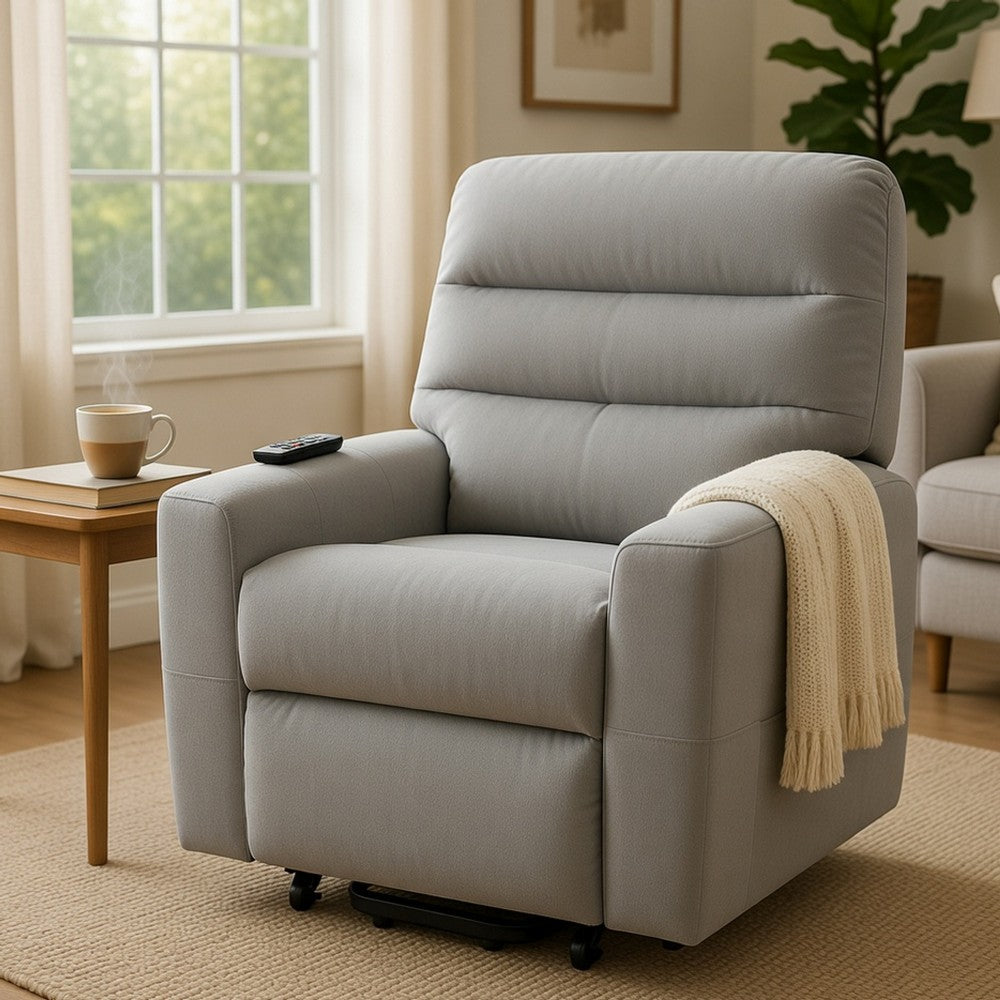 Benjara Ima Power Motion Glider Recliner, Wide Tufted Light Gray Faux Leather