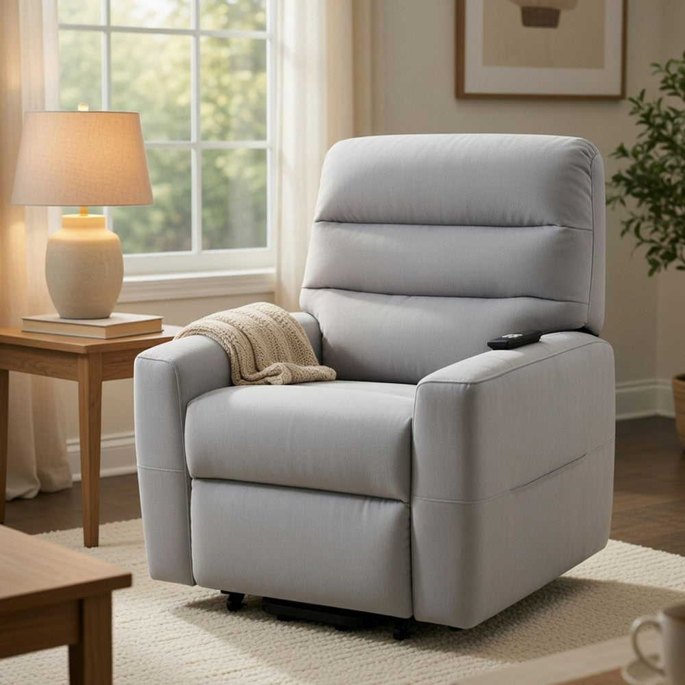 Benjara Ima Power Motion Glider Recliner, Wide Tufted Light Gray Faux Leather