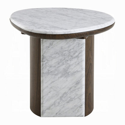 Benjara Jima Side End Table, 20 Inch White Marble Top, Brown Veneer Base