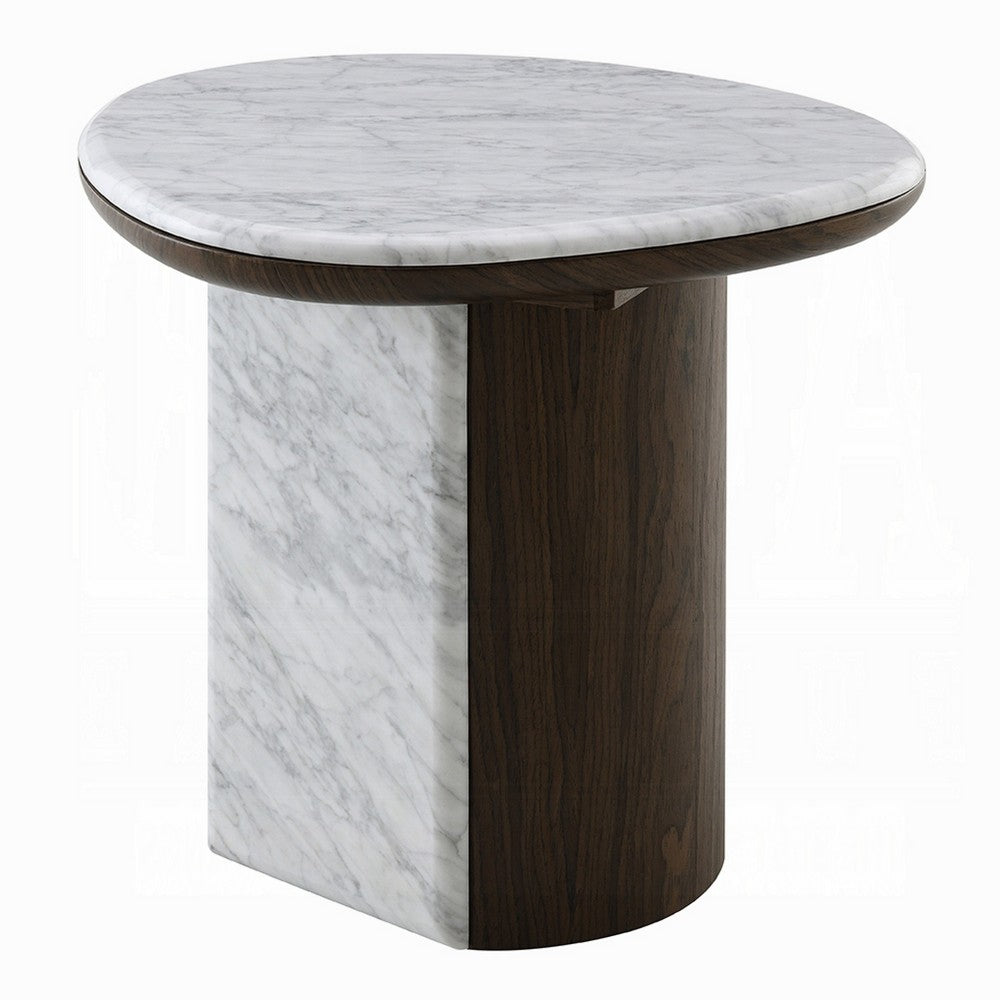Benjara Jima Side End Table, 20 Inch White Marble Top, Brown Veneer Base