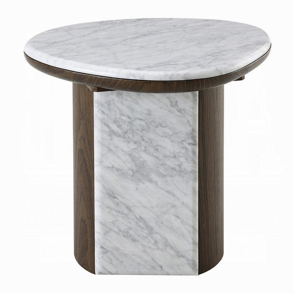 Benjara Jima Side End Table, 20 Inch White Marble Top, Brown Veneer Base