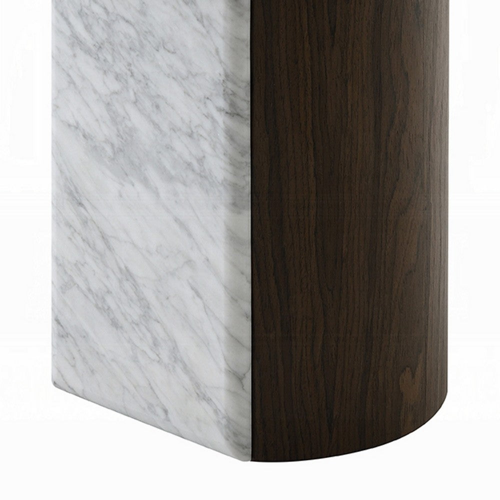 Benjara Jima Side End Table, 20 Inch White Marble Top, Brown Veneer Base