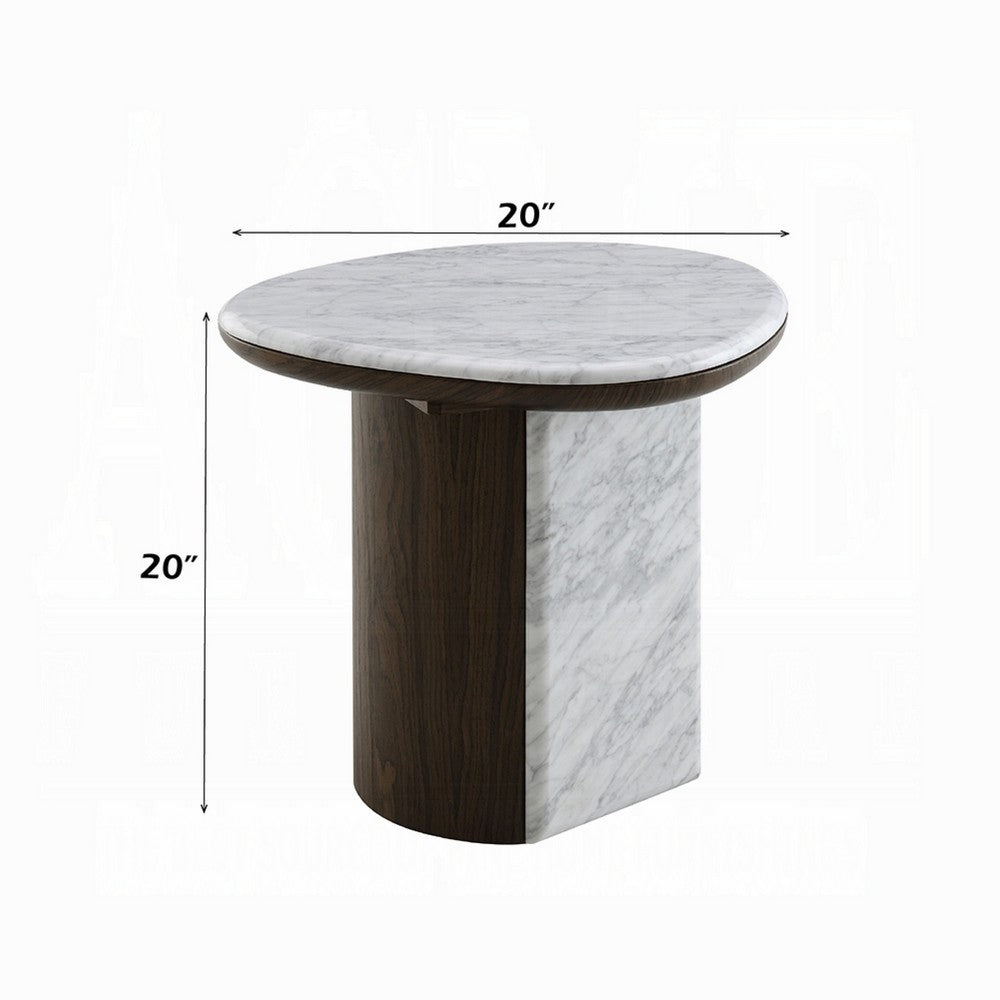 Benjara Jima Side End Table, 20 Inch White Marble Top, Brown Veneer Base