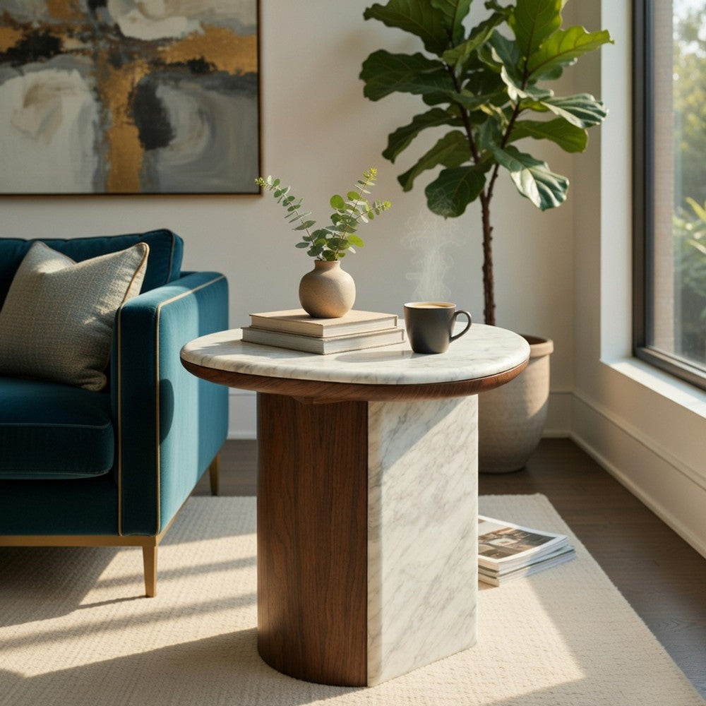 Benjara Jima Side End Table, 20 Inch White Marble Top, Brown Veneer Base
