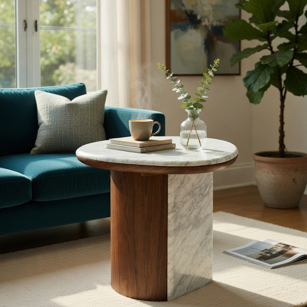 Benjara Jima Side End Table, 20 Inch White Marble Top, Brown Veneer Base
