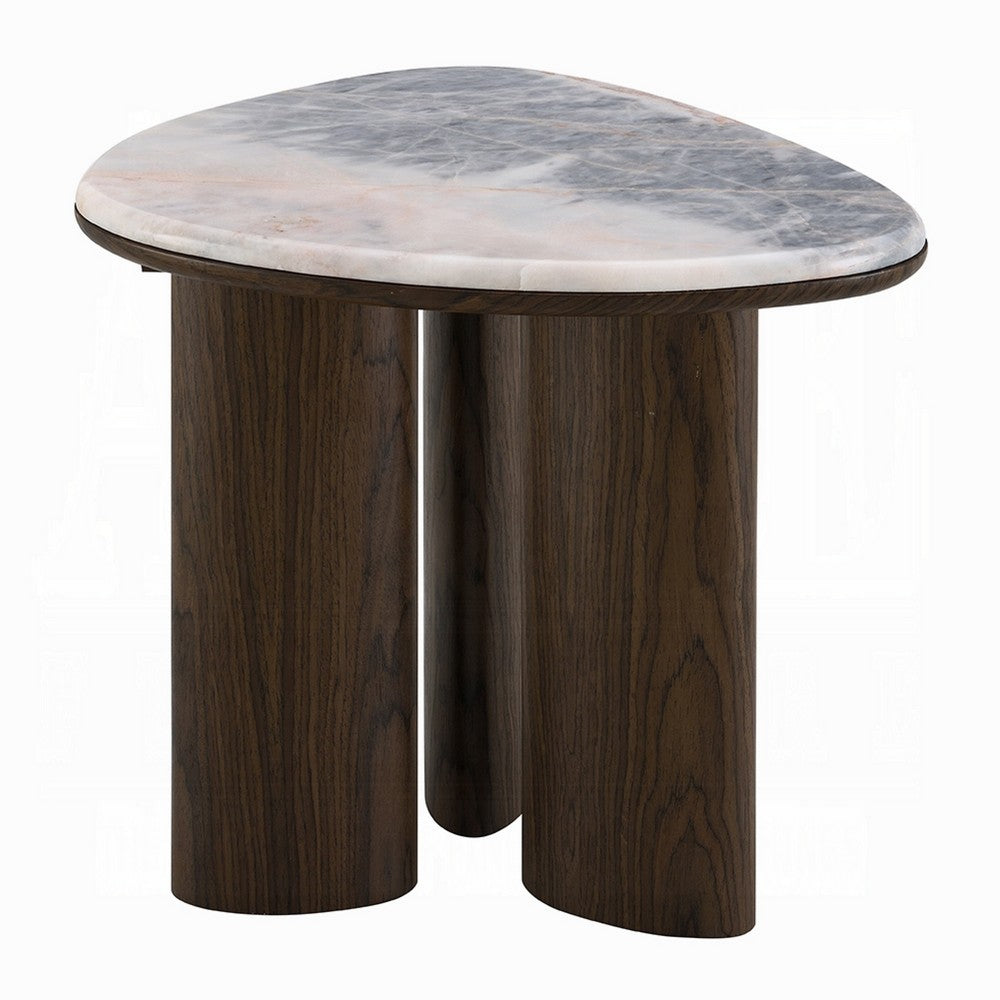 Benjara Sima Side End Table, 22 Inch White Marble Top with 3 Leg, Brown Wood