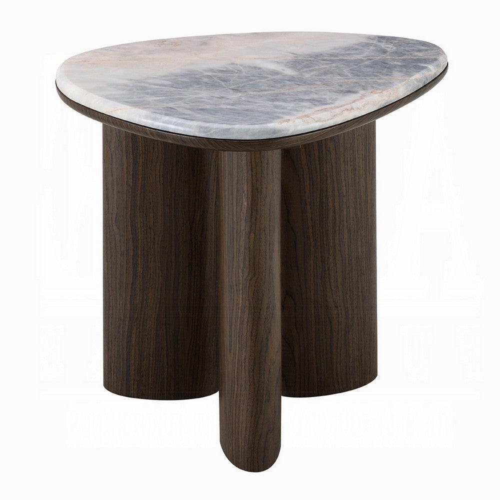 Benjara Sima Side End Table, 22 Inch White Marble Top with 3 Leg, Brown Wood