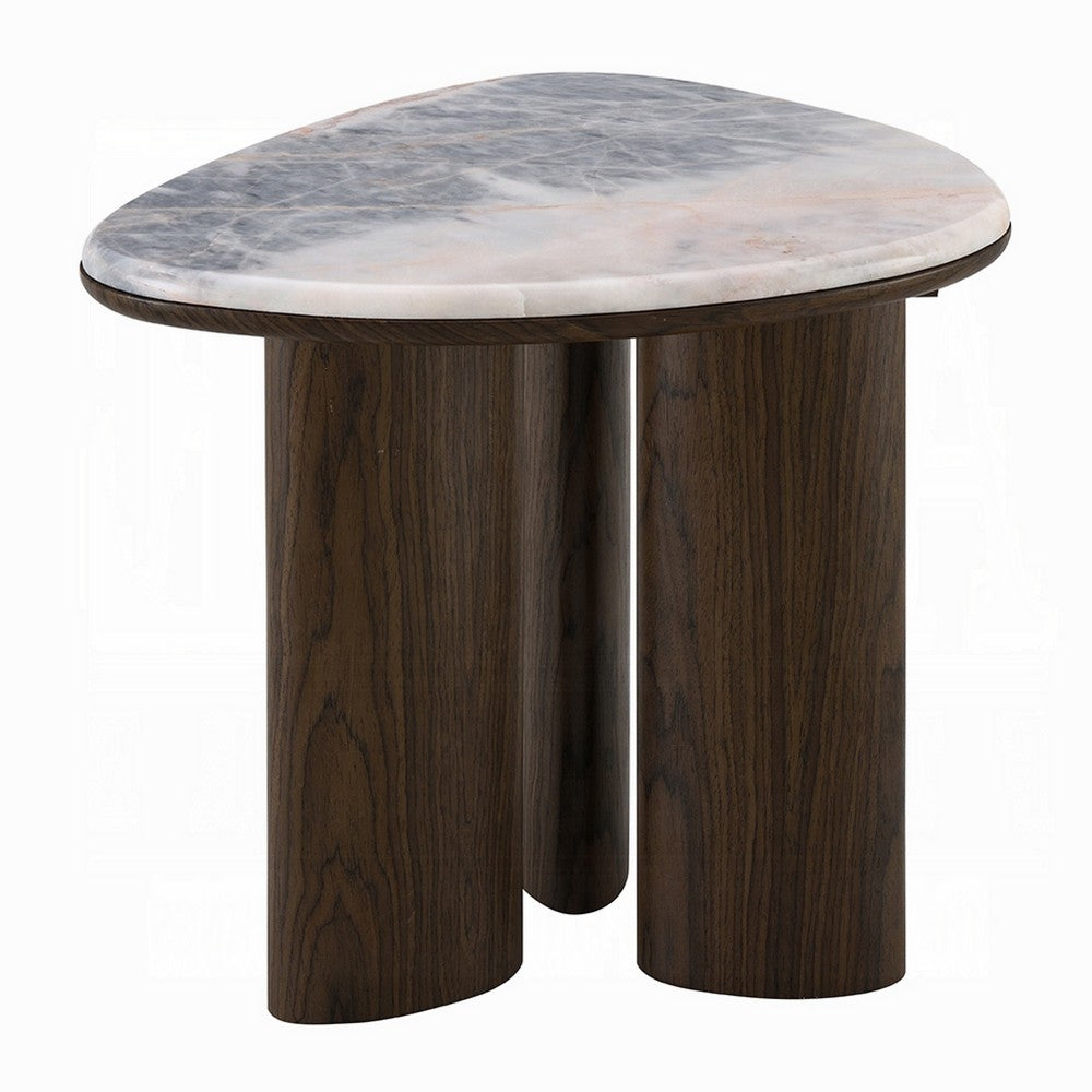 Benjara Sima Side End Table, 22 Inch White Marble Top with 3 Leg, Brown Wood