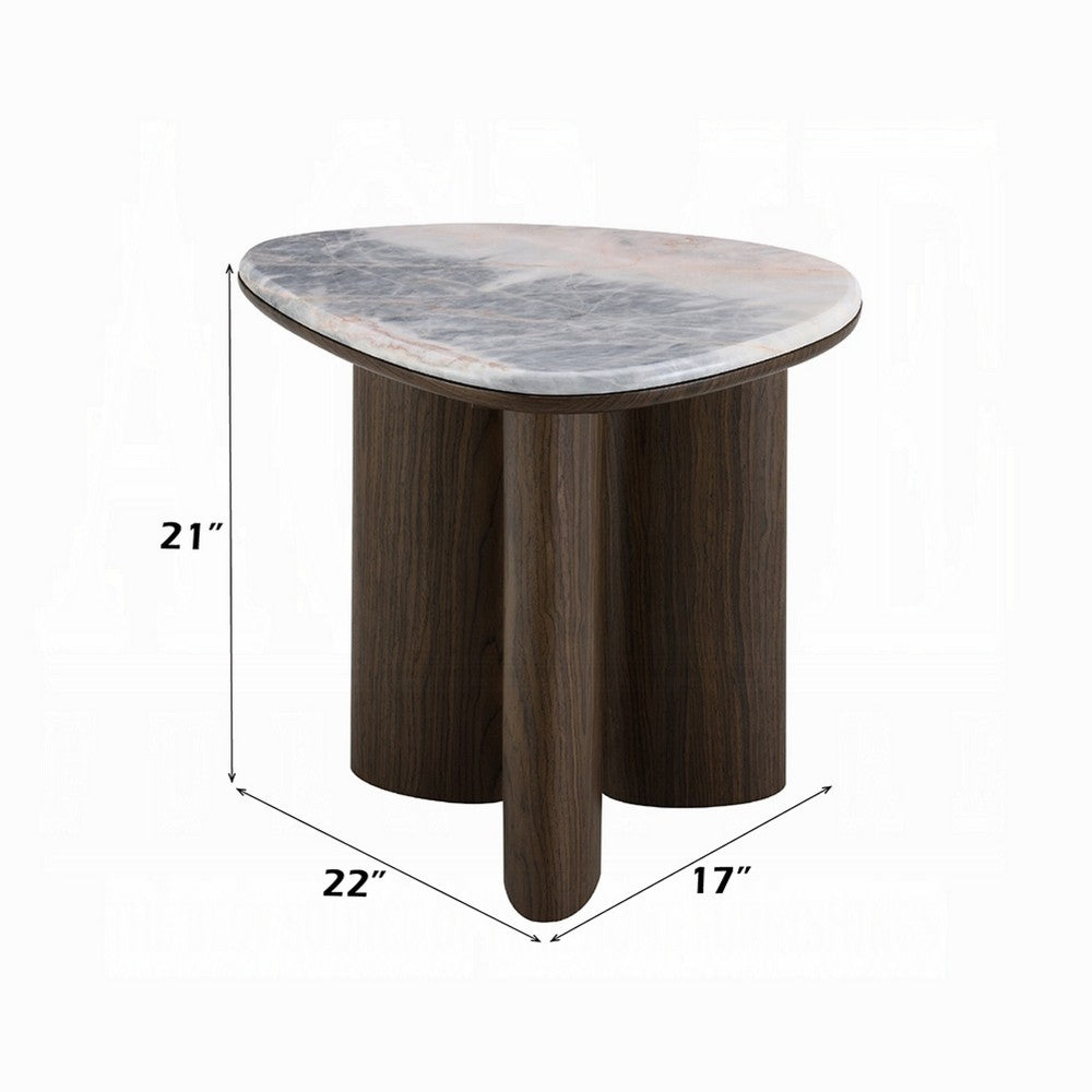Benjara Sima Side End Table, 22 Inch White Marble Top with 3 Leg, Brown Wood
