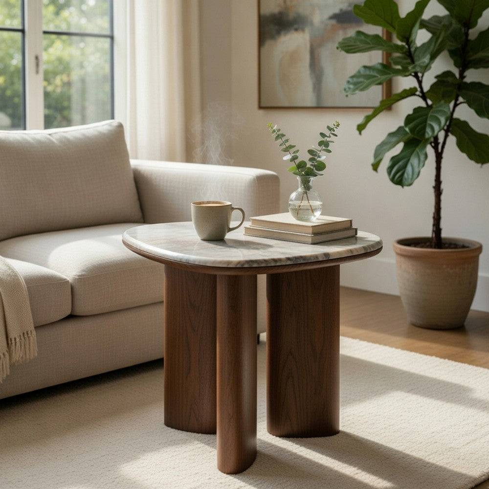 Benjara Sima Side End Table, 22 Inch White Marble Top with 3 Leg, Brown Wood