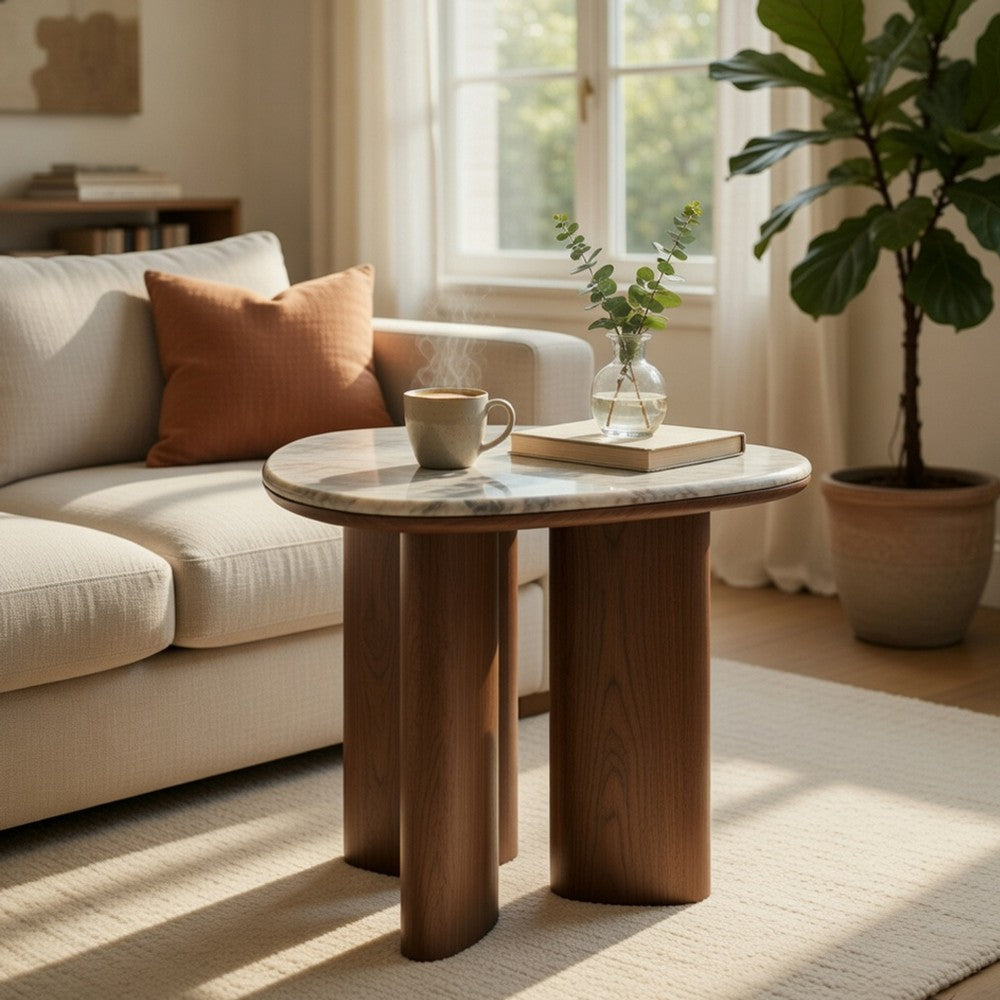 Benjara Sima Side End Table, 22 Inch White Marble Top with 3 Leg, Brown Wood