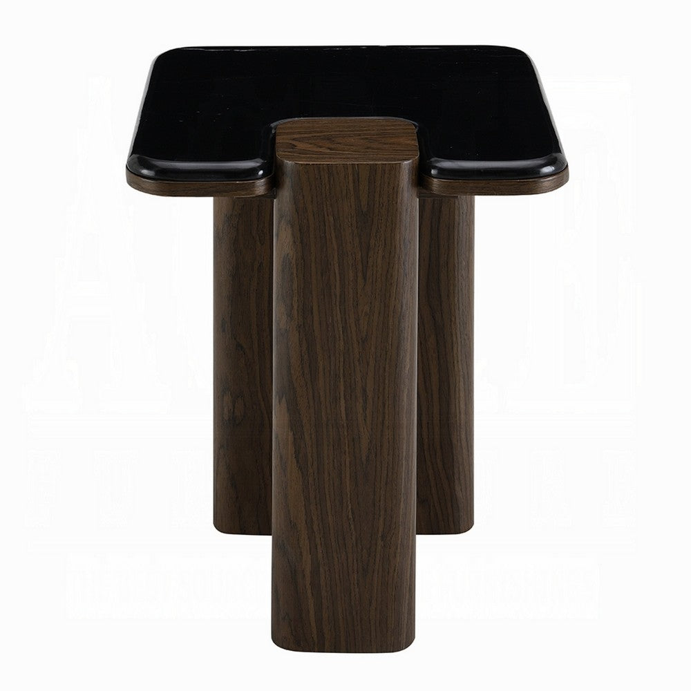 Benjara Pima Side End Table, 16 Inch Black Marble Top, Dark Walnut Brown Base