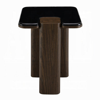 Benjara Pima Side End Table, 16 Inch Black Marble Top, Dark Walnut Brown Base