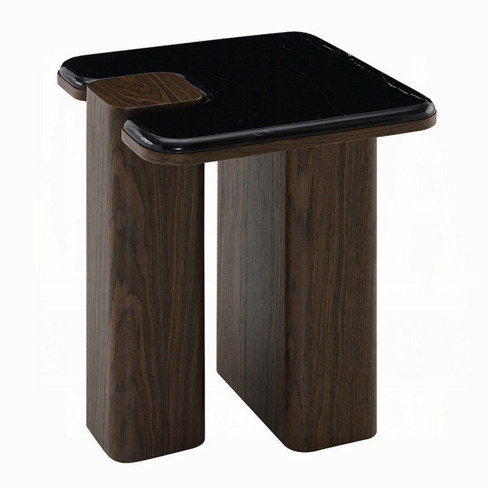 Benjara Pima Side End Table, 16 Inch Black Marble Top, Dark Walnut Brown Base