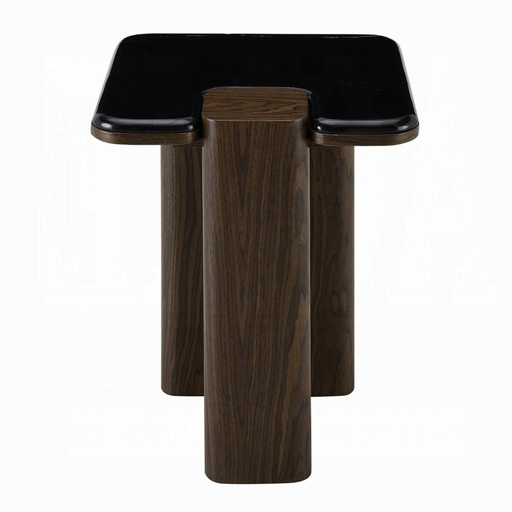 Benjara Pima Side End Table, 16 Inch Black Marble Top, Dark Walnut Brown Base