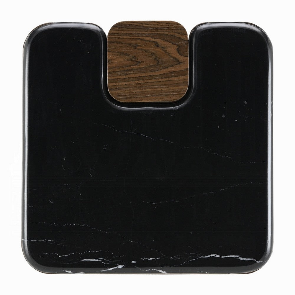 Benjara Pima Side End Table, 16 Inch Black Marble Top, Dark Walnut Brown Base