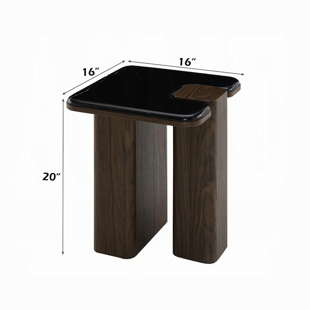 Benjara Pima Side End Table, 16 Inch Black Marble Top, Dark Walnut Brown Base