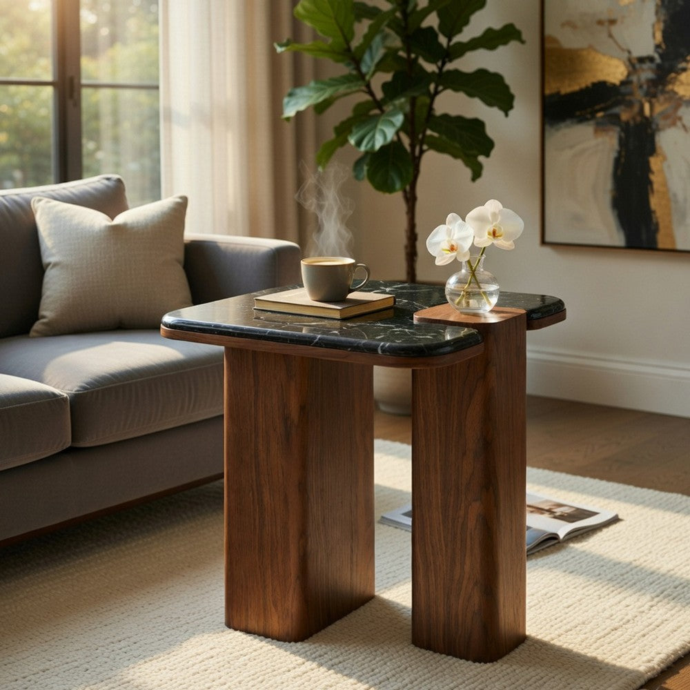 Benjara Pima Side End Table, 16 Inch Black Marble Top, Dark Walnut Brown Base