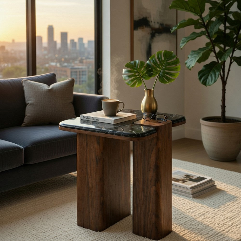 Benjara Pima Side End Table, 16 Inch Black Marble Top, Dark Walnut Brown Base