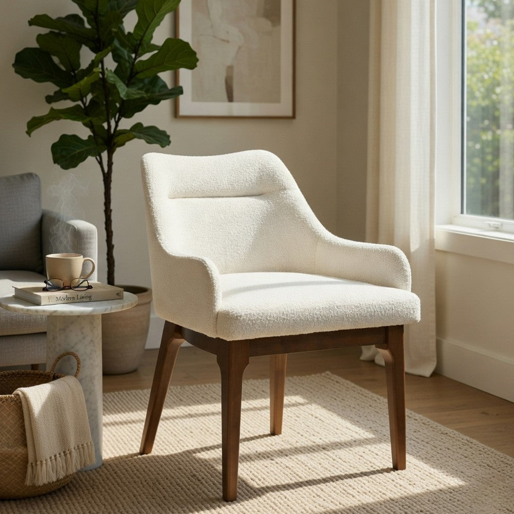 Benjara Pery Dining Side Chair Set of 2, White Chenille, Angled Oak Brown Legs