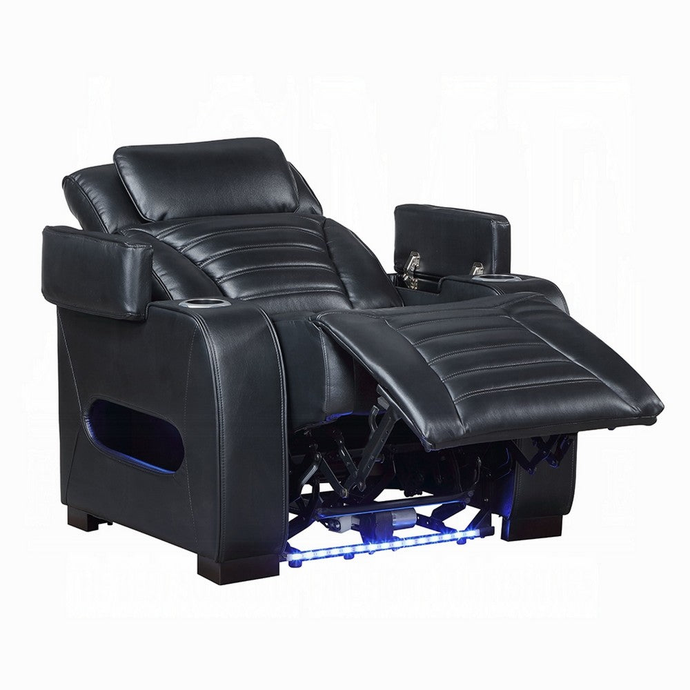 Benjara Pera Power Glider Recliner Chair with LED, USB Console, Black Faux Leather