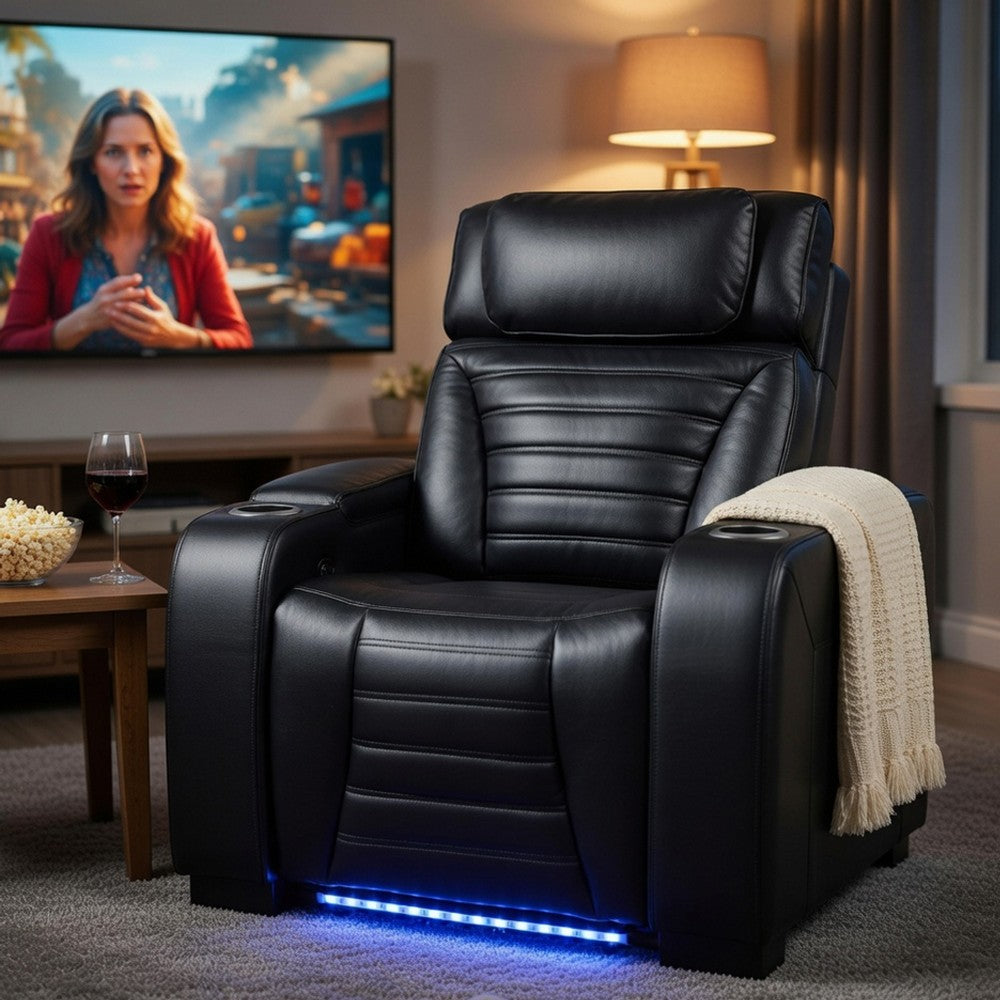 Benjara Pera Power Glider Recliner Chair with LED, USB Console, Black Faux Leather