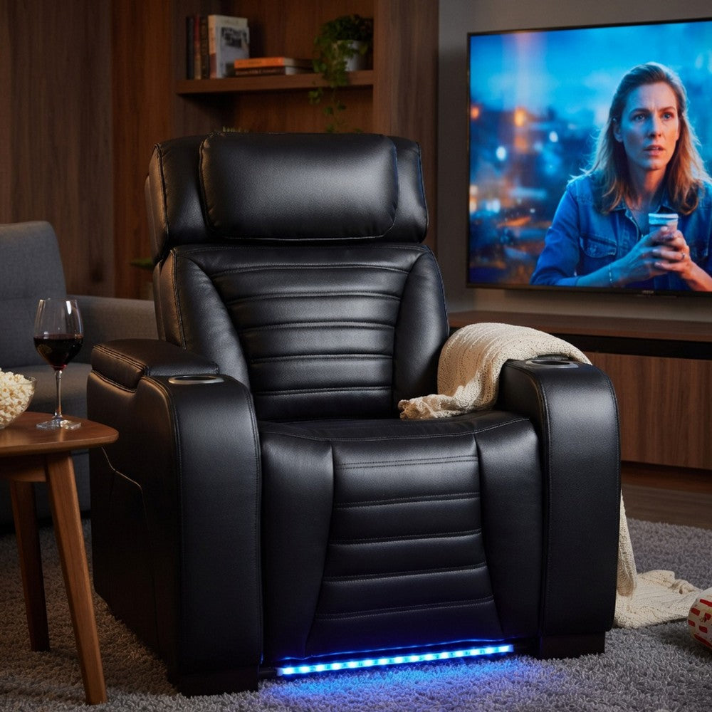 Benjara Pera Power Glider Recliner Chair with LED, USB Console, Black Faux Leather