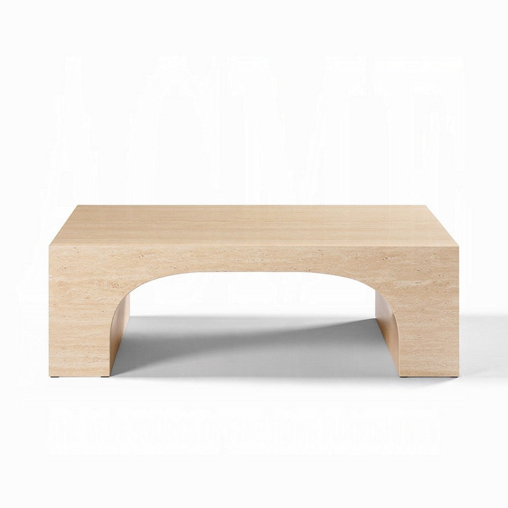 Benjara Pia Coffee Table, 48 Inch Scandi Travertine Top, Natural Brown Arch Base