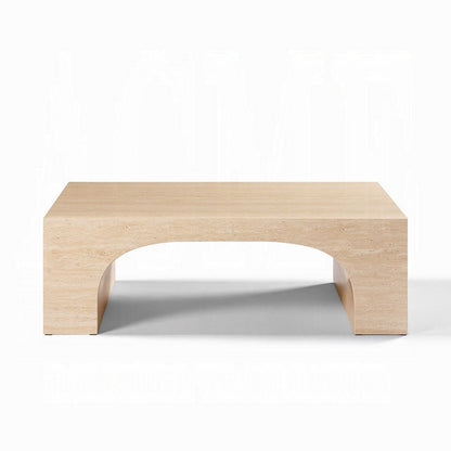 Benjara Pia Coffee Table, 48 Inch Scandi Travertine Top, Natural Brown Arch Base
