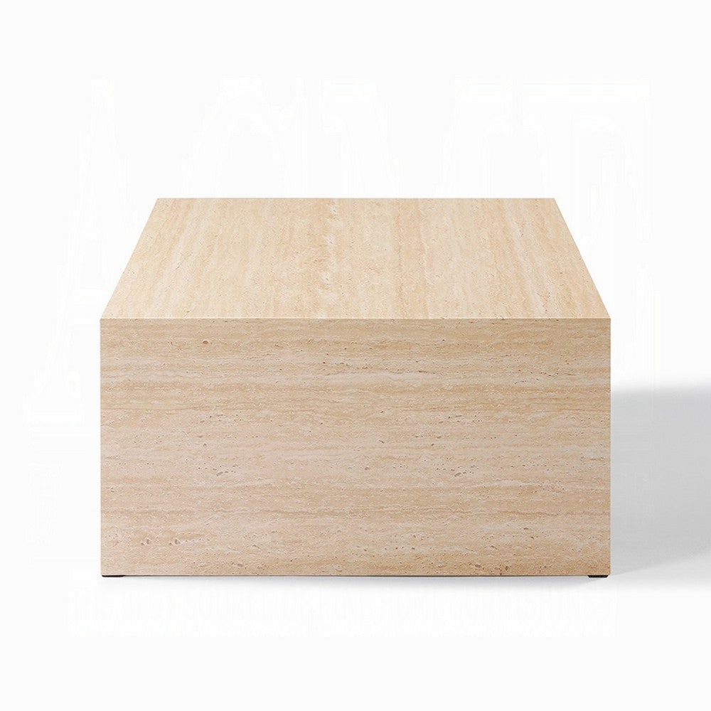 Benjara Pia Coffee Table, 48 Inch Scandi Travertine Top, Natural Brown Arch Base