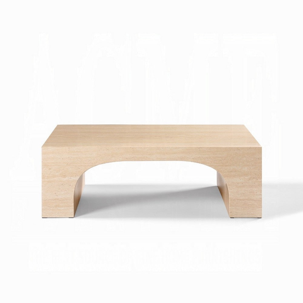 Benjara Pia Coffee Table, 48 Inch Scandi Travertine Top, Natural Brown Arch Base