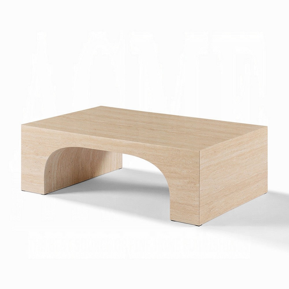 Benjara Pia Coffee Table, 48 Inch Scandi Travertine Top, Natural Brown Arch Base