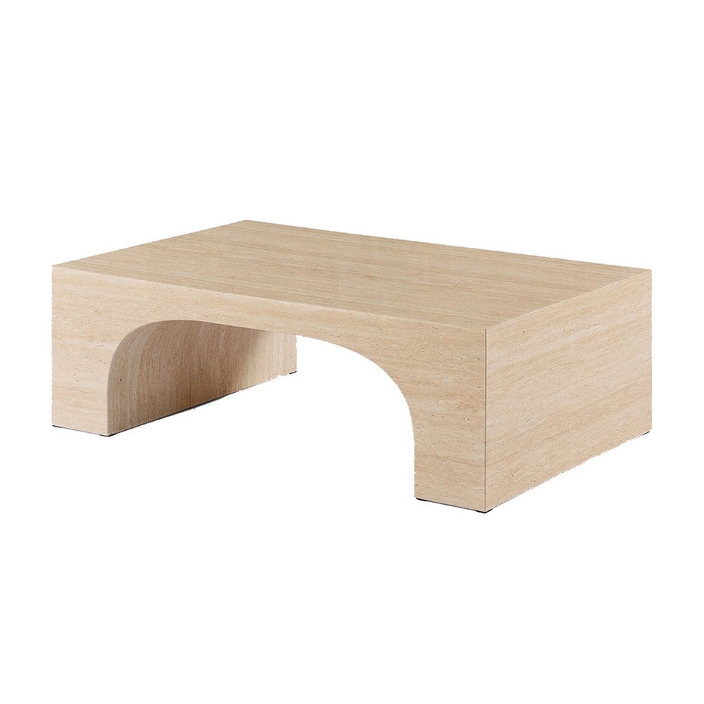 Benjara Pia Coffee Table, 48 Inch Scandi Travertine Top, Natural Brown Arch Base