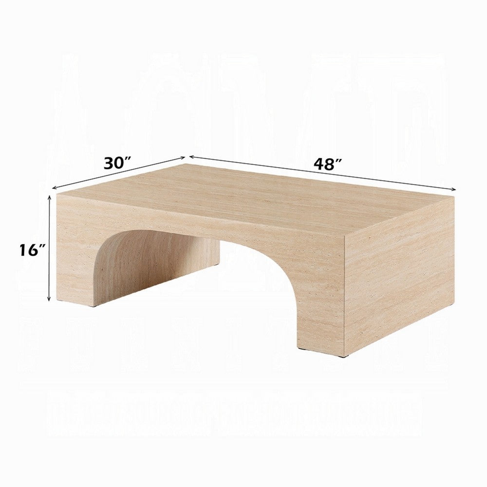 Benjara Pia Coffee Table, 48 Inch Scandi Travertine Top, Natural Brown Arch Base
