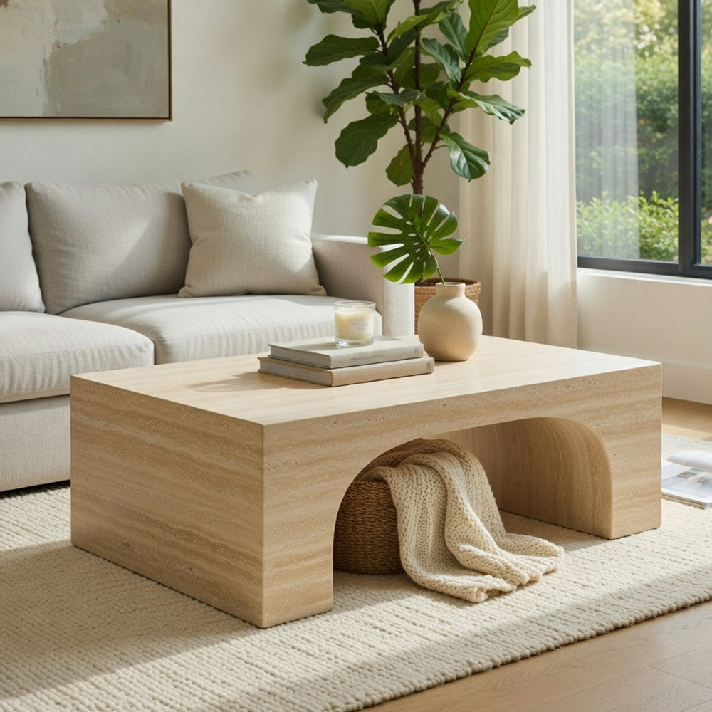 Benjara Pia Coffee Table, 48 Inch Scandi Travertine Top, Natural Brown Arch Base