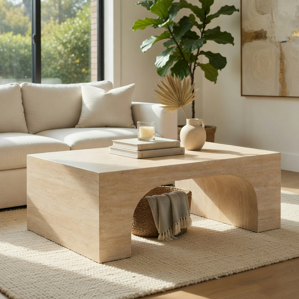 Benjara Pia Coffee Table, 48 Inch Scandi Travertine Top, Natural Brown Arch Base