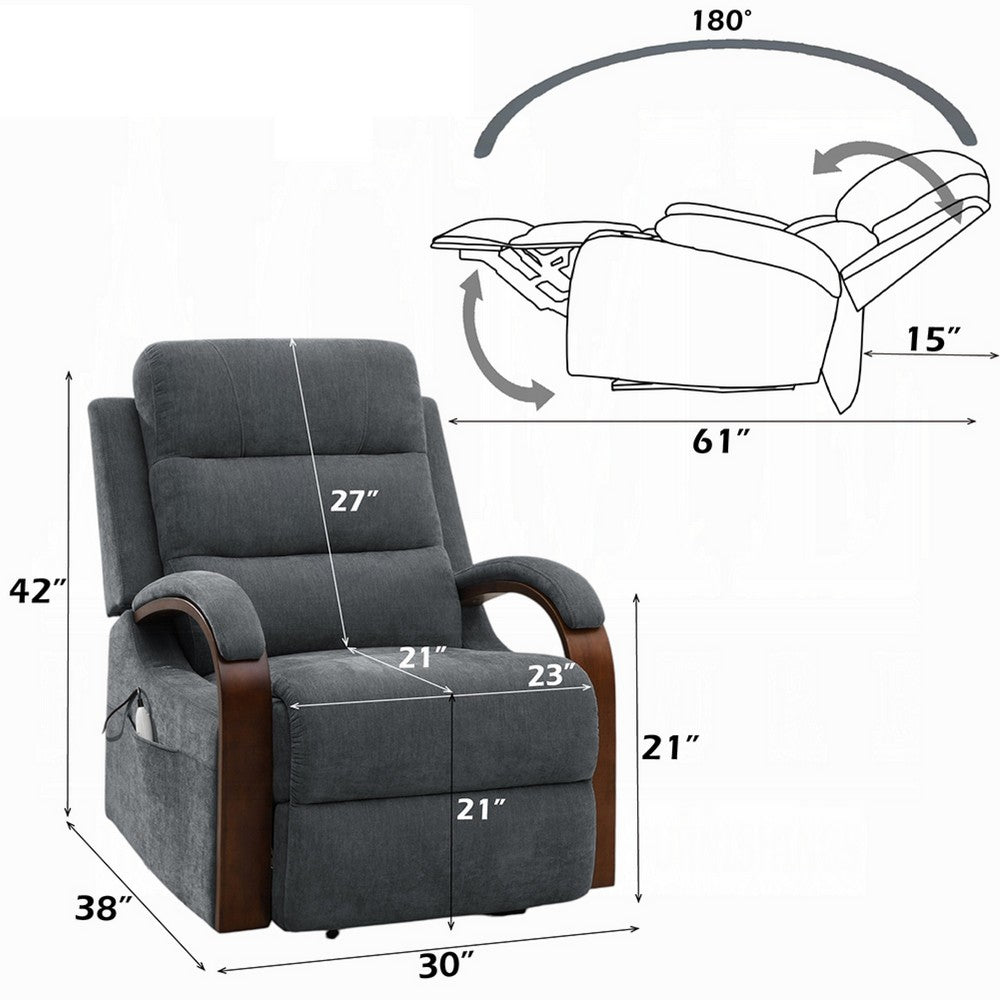 Benjara Jea Power Recliner Armchair with Lift Heating Massage, Gray Chenille Fabric
