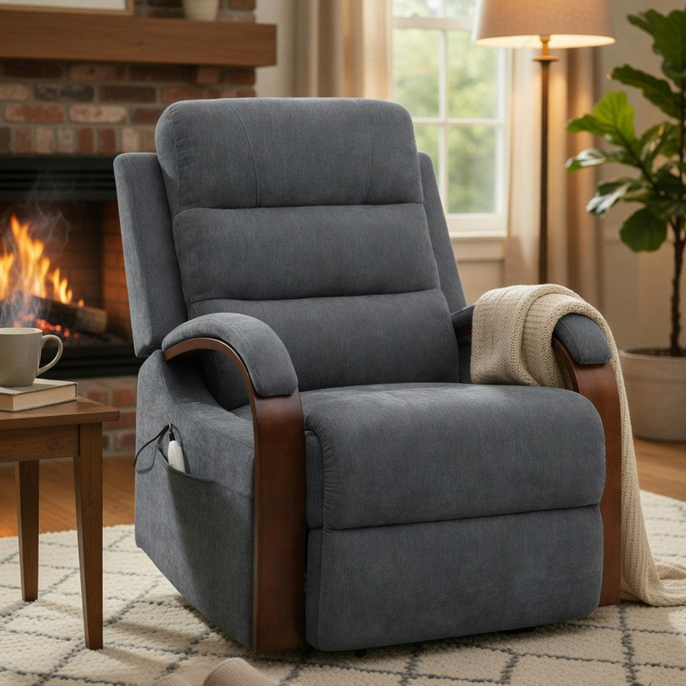 Benjara Jea Power Recliner Armchair with Lift Heating Massage, Gray Chenille Fabric