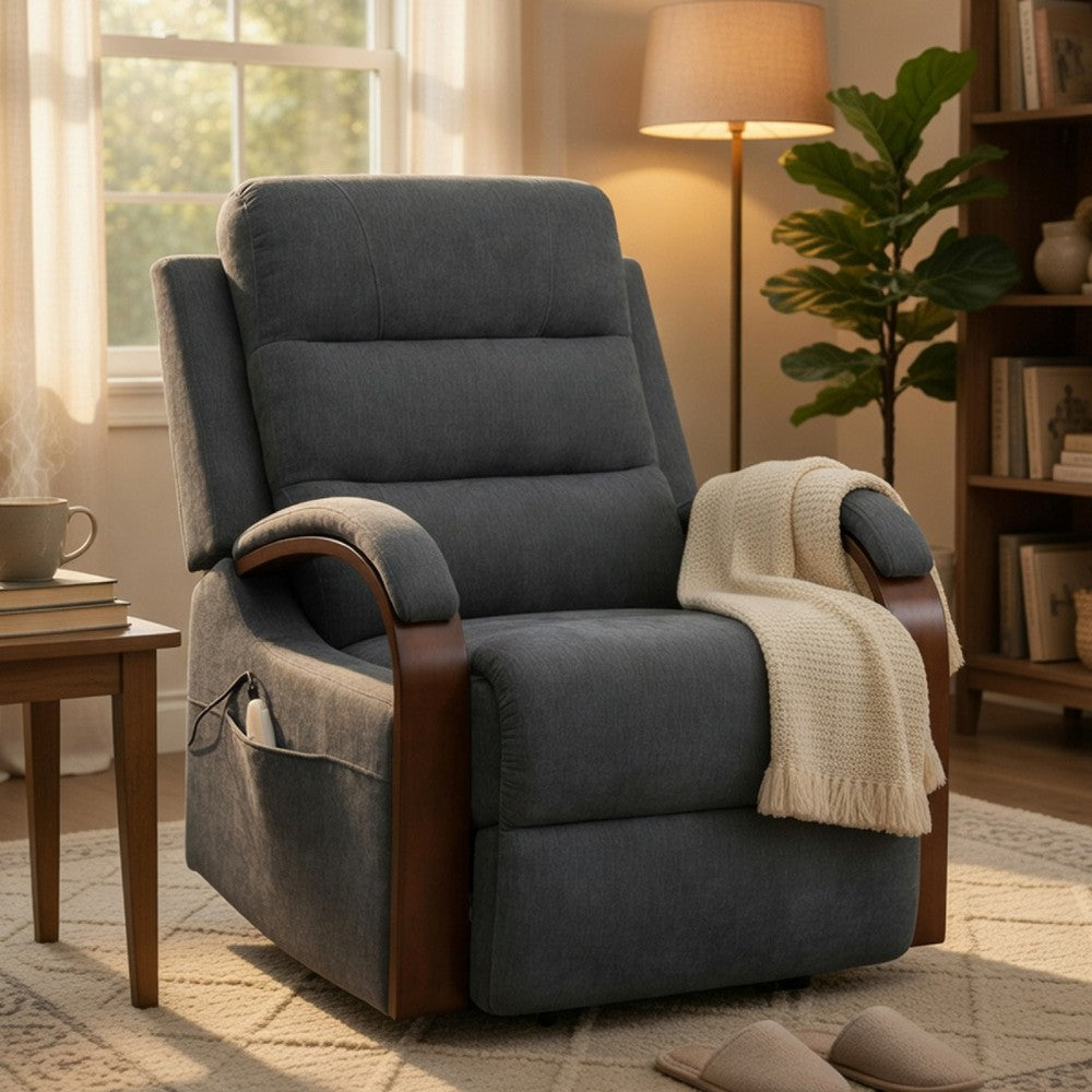 Benjara Jea Power Recliner Armchair with Lift Heating Massage, Gray Chenille Fabric