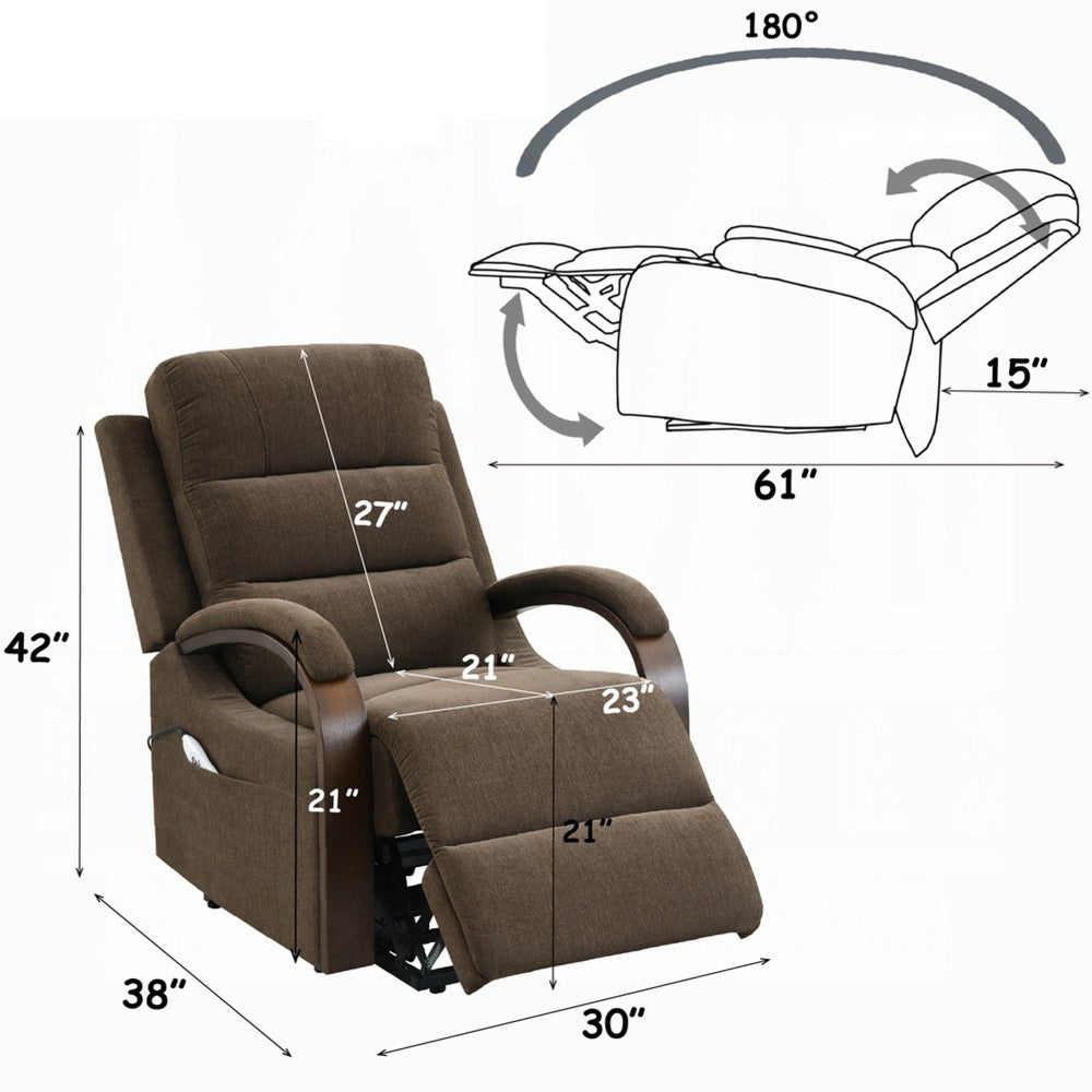 Benjara Jea Power Recliner with Stand Lift, Heating And Massage, Brown Chenille