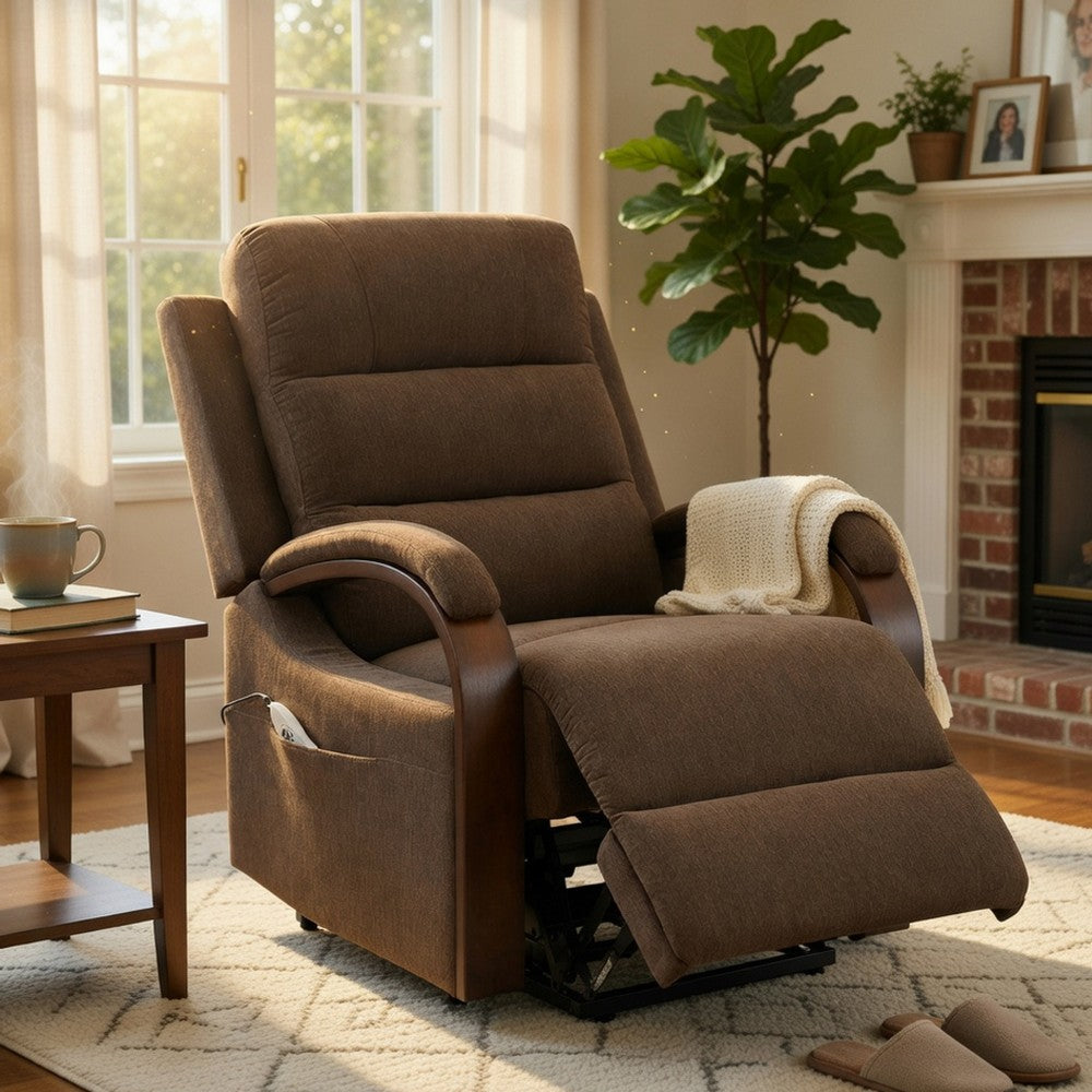 Benjara Jea Power Recliner with Stand Lift, Heating And Massage, Brown Chenille
