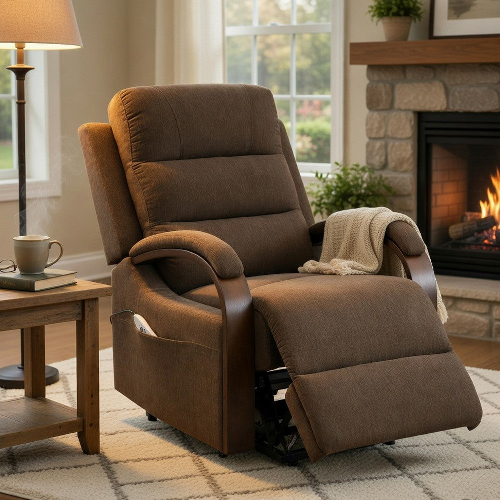 Benjara Jea Power Recliner with Stand Lift, Heating And Massage, Brown Chenille