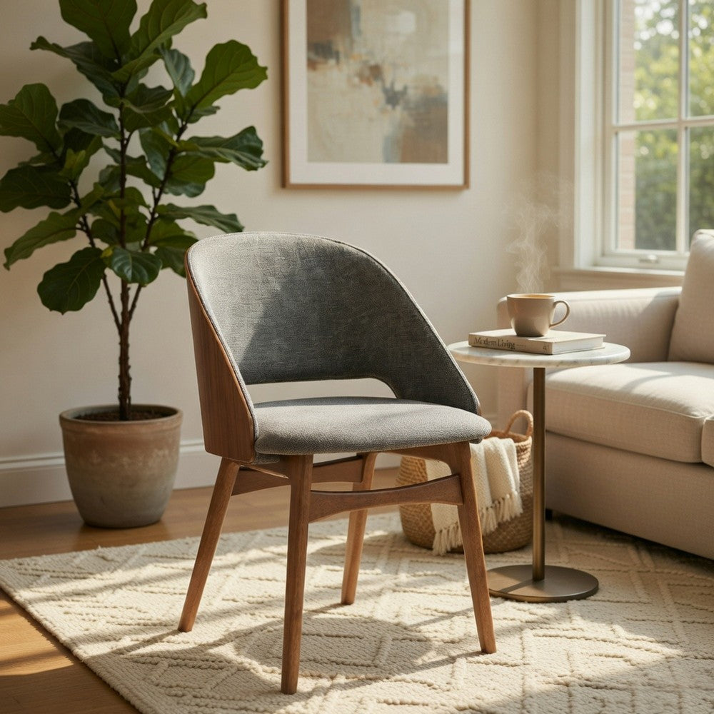 Benjara Dio Dining Side Chair Set of 2, Gray Padded Curved Back, Walnut Brown